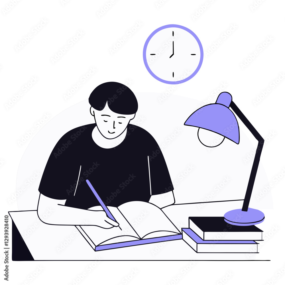 Poster A student is engaged in studying at a desk, using a lamp for light and a clock above to track the time. Books are neatly stacked next to the workspace