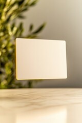 Minimalist design features floating card against soft background