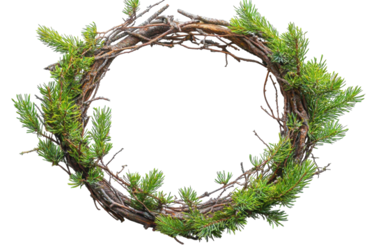 Festive Holiday Wreath with Greenery and Red Berries: Isolated on Transparent Background
