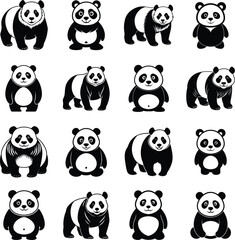 set of cute panda silhouette vector