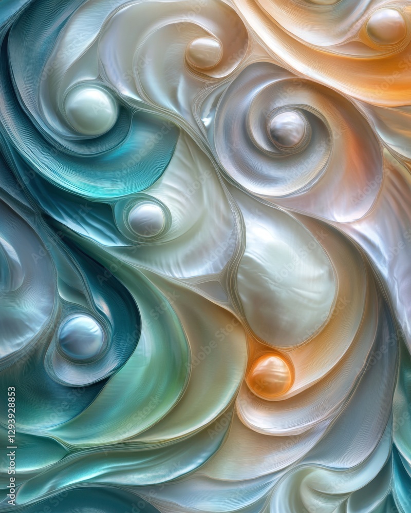 Poster abstract iridescent swirl of pearl essence with flowing curves and luminous spheres creating a dream