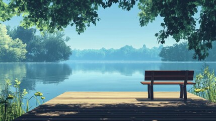Fototapeta premium Tranquil lake view with wooden bench surrounded by lush greenery