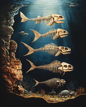Exquisite diagram of transition from jawless fish to early land based tetrapods comparing skeletal and anatomical structure differences in cinematic clarity in a high contrast illuminated backdrop