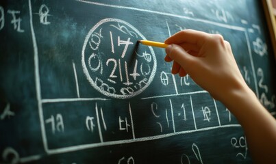 Astrologer drawing astrological natal chart on blackboard using white chalk