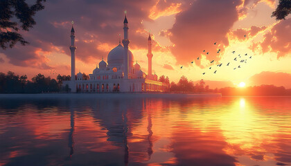 Fototapeta premium Stunning Mosque at Sunset over Water