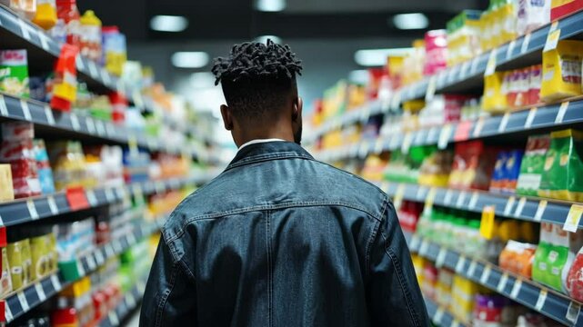 A man of African descent strolls down a supermarket aisle while making purchases.