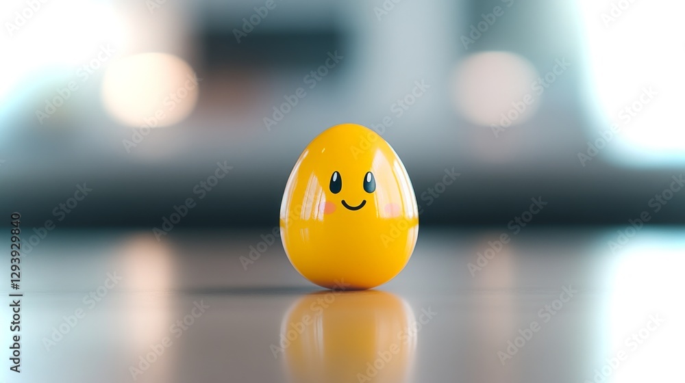 Aufkleber yellow smiling egg character on table with soft background lighting in bright indoor setting