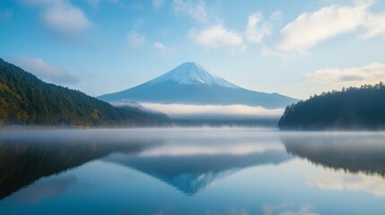 Majestic mount fuji reflection in serene lake with misty morning sky
