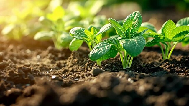 Close-up video of young green plants sprouting in soil, captured at a low angle with soft sunlight, highlighting growth and nature's vitality. Live desktop wallpaper.