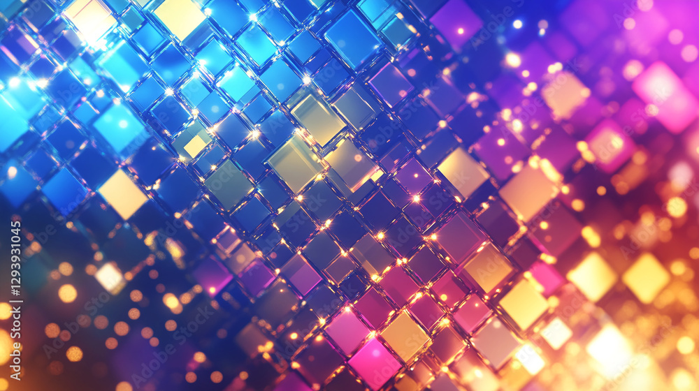 Poster a close-up view of colorful illuminated cubes in vibrant hues of blue, pink, and orange, showcasing 