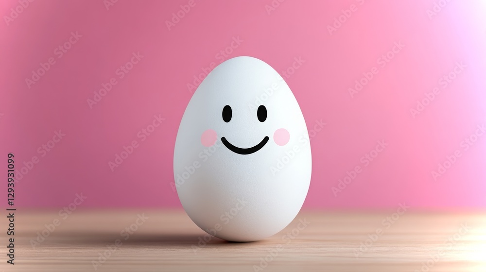 Poster smiling egg with cheerful expression against a pink background in a cozy setting