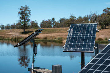 water solar pump with solar panel clean power on an agricultural farm in australia for crop...