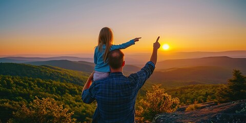 Father and daughter watch sunset from mountaintop, girl pointing at sun.