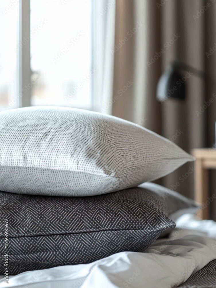 Poster stacked patterned pillows on a bed near a window creating a cozy and inviting bedroom scene with a f
