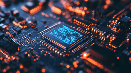 Fototapeta premium Close-up of Circuit Board with Glowing Chip