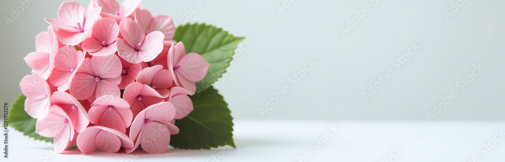Aufkleber A Beautiful Bouquet Of Pink Hydrangeas Adorns A Crisp White Table, Adding A Touch Of Elegance To The Empty Space Around It.
