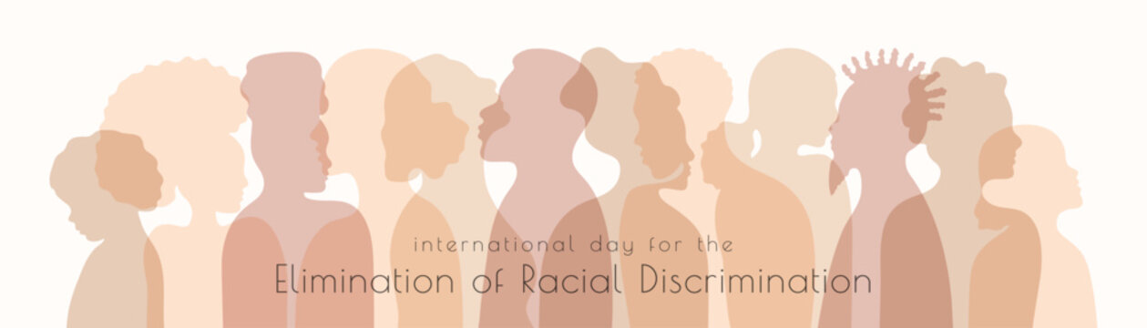 International Day for the Elimination of Racial Discrimination multicolored banner template. Silhouette of diversity people. Different nationalities, genders and ages human profile