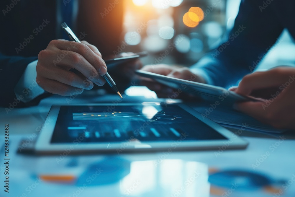Poster business professionals collaborating on digital tablet displaying data analytics in modern office