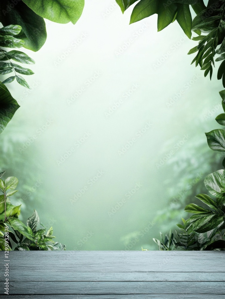 Poster lush greenery frames a misty backdrop, creating a serene and inviting natural setting