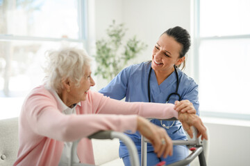 Fototapeta premium portrait of a young nurse doctor with a senior patient at home during a consultation
