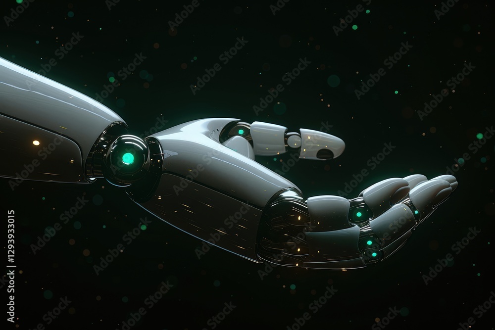 Poster a futuristic robotic hand extends gracefully against a dark backdrop, illuminated by subtle green li