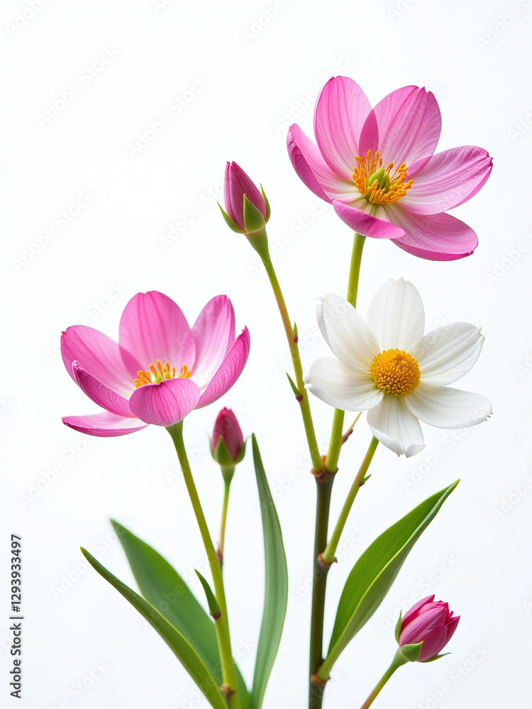 Poster delicate spring flowers bloom against a clean and crisp white background filling it with vibrant col