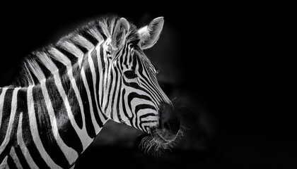Fototapeta premium Black and White Digital Art Portrait of a Striped Zebra Against a Dark Background Powerful Beauty in Monochrome Contrast, Emphasizing Textures and Dramatic Mood. If the title is below characters