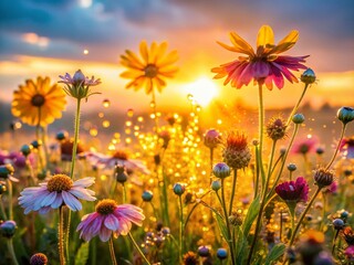 Fototapeta premium Fresh Morning Dew on Flowers - Vibrant Sunrise Landscape Photography
