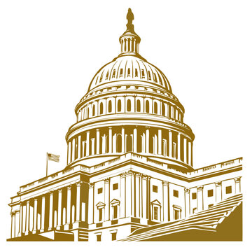 Golden U.S. Capitol Building Representing Prosperity. Perfect for: Independence Day, political events, historical exhibitions, economic summits, government functions
