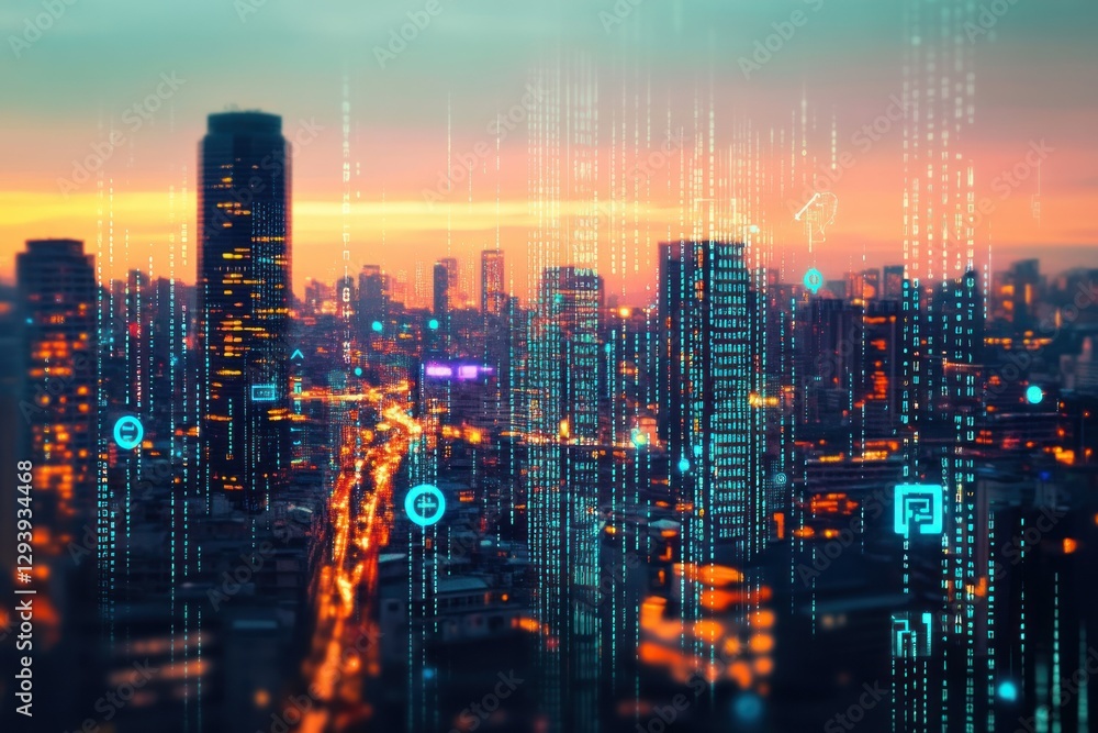 Poster digital cityscape with urban skyline at twilight and futuristic data visualization effects