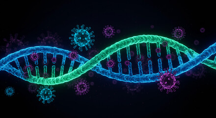 Glowing DNA Helix with Viruses Pixel Art Digital Illustration
