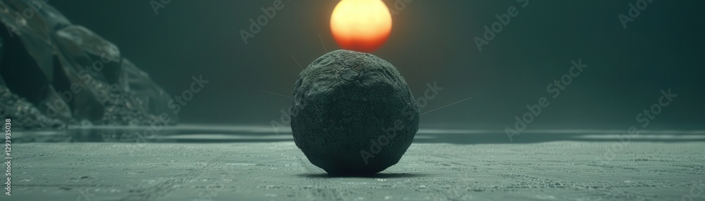 Poster a spherical rock sits on a flat surface, with a glowing orange orb above it, creating a surreal and 