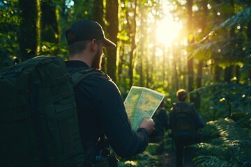 A hiker checks a map in a lush rainforest, sunlight illuminating the scene.  Other hikers are visible in the background.
