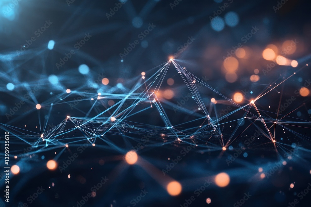 Poster abstract technology background with connected lines and glowing points in blue and orange colors