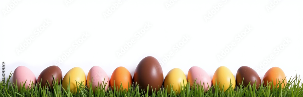 Poster White Background Isolates Bottom Border Row Of Easter Chocolate Egg In A Standalone Image Perfect For A Web Banner Or Graphic.