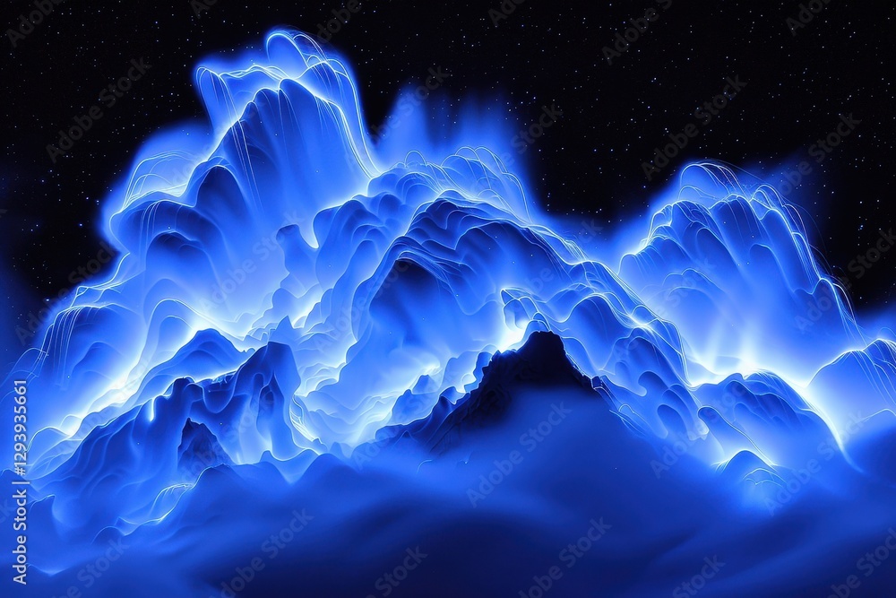 Poster a stunning display of luminous blue waves resembling clouds, set against a starry black background, 