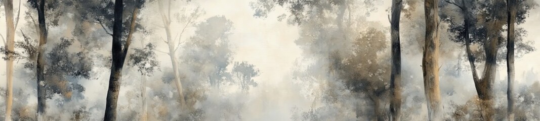 Mystical Forest Wallpaper, Hand-Painted Trees in Soft Scandinavian Style