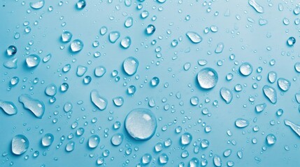 Close-up of water droplets on a blue surface with a bokeh effect. The image turns out to be dreamy and soft, embodying freshness and clarity.