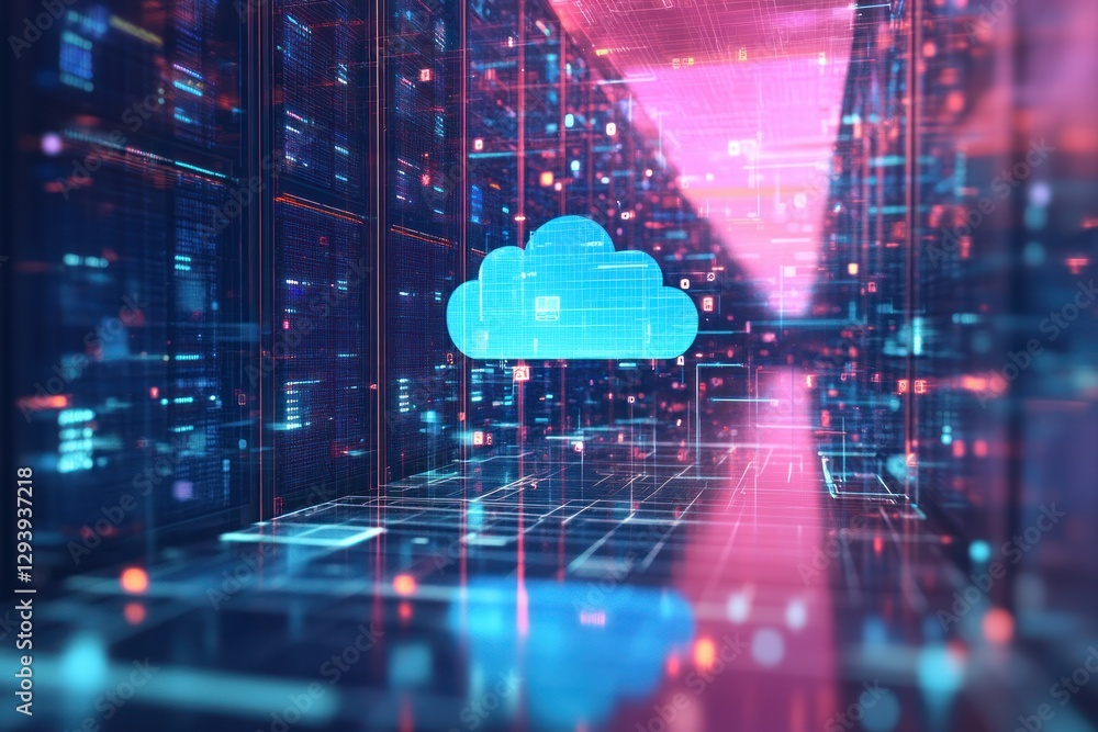 Poster futuristic digital data storage with cloud icon in neon grid environment and network connections