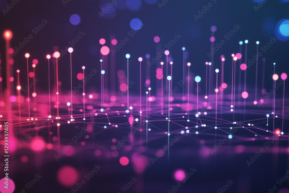 Poster abstract digital landscape with colorful lights and connecting lines in a futuristic space