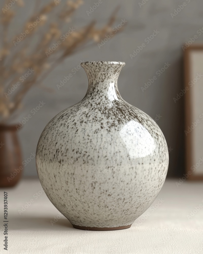 Poster elegant speckled ceramic vase on a neutral table with soft blurred background in a studio setting