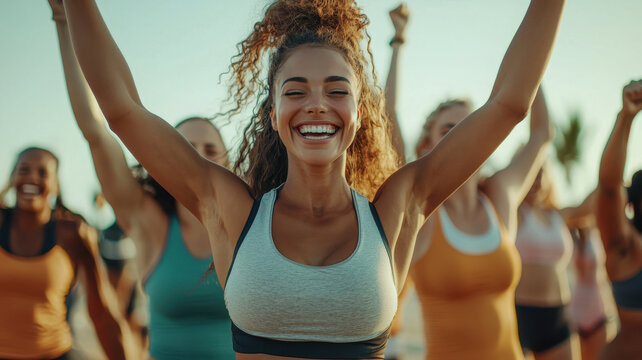 Fitness enthusiasts celebrating together outdoors, showcasing joy and energy. Their diverse backgrounds highlight unity health