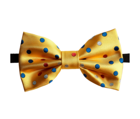Yellow bow tie with multicolored dots isolated on transparent background