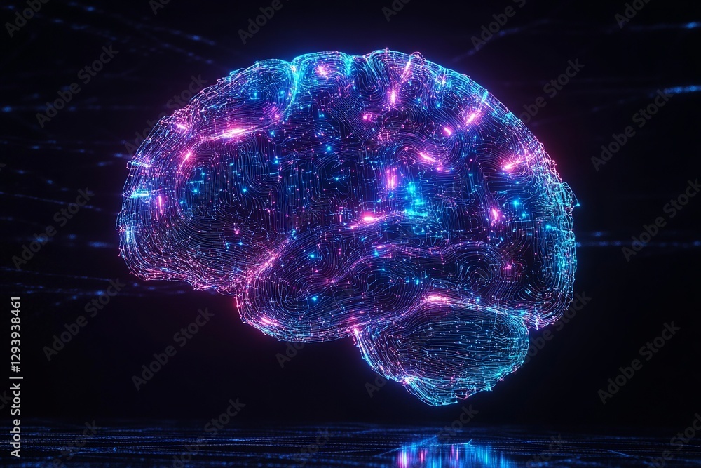 Poster a luminous digital brain sculpted from translucent glass, intertwined with vivid neon energy threads