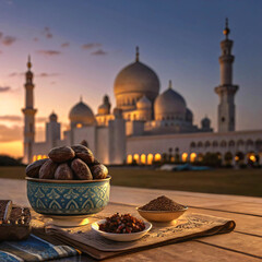 a bowl of dates against the mosque
