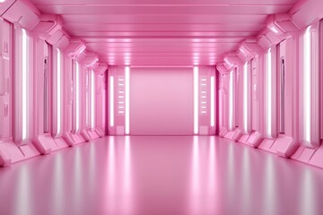 Fototapeta premium A glossy pink futuristic hallway is lit by vertical lights and looks like a laboratory interior