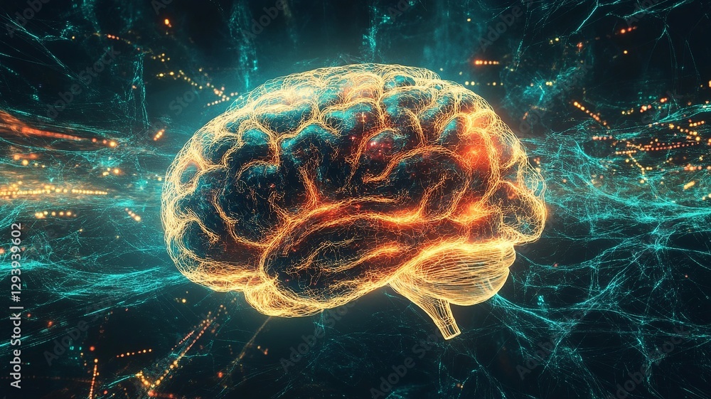 Poster a luminous digital brain sculpted from translucent glass, intertwined with vivid neon energy threads