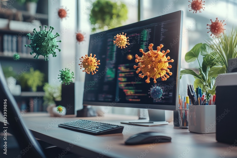 Poster virus particles surround computer at working desk