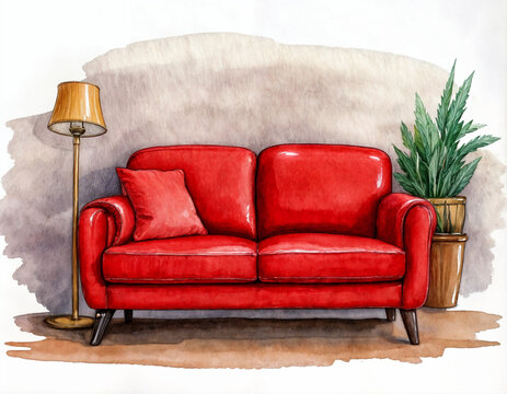 Rotes Sofa &ndash; Aquarellillustration eines gem&uuml;tlichen M&ouml;belst&uuml;cks