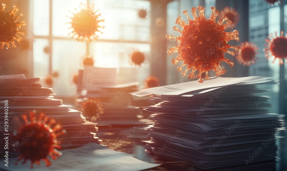 Poster viruses hovering above paperwork stack office scene